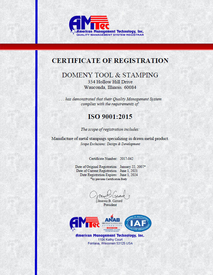 Domeny Tool ISO Certificate